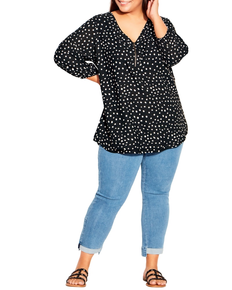 Front of a model wearing a size 16 TOP MEILA ZIP PRT in Black Spot by Evans. | dia_product_style_image_id:302722